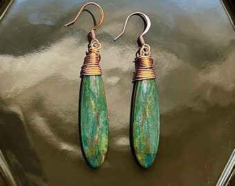 Wire Wrapped | Briolette | Bloodstone | Natural Stone | Green Earrings | Holiday Gift | April Birthstone