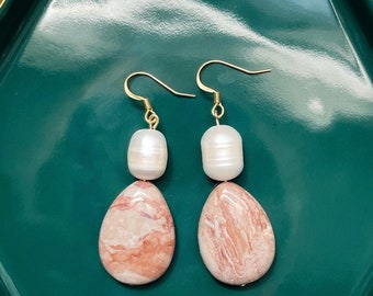 Fire Jasper | Pink Jasper | Freshwater Pearl | Ivory | Stone | Pink Earrings