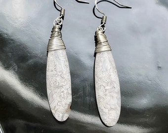 Wire Wrapped Briolette | Crazy Lace Agate | Stone | Natural Earrings | Gray | Black and White