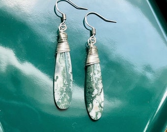 Wire Wrapped Briolette | Moss Agate | Stone | Green | Natural Earrings