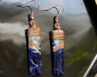 Wire Wrapped Briolette | Orange and Blue Sodalite | Stone | Natural Earrings