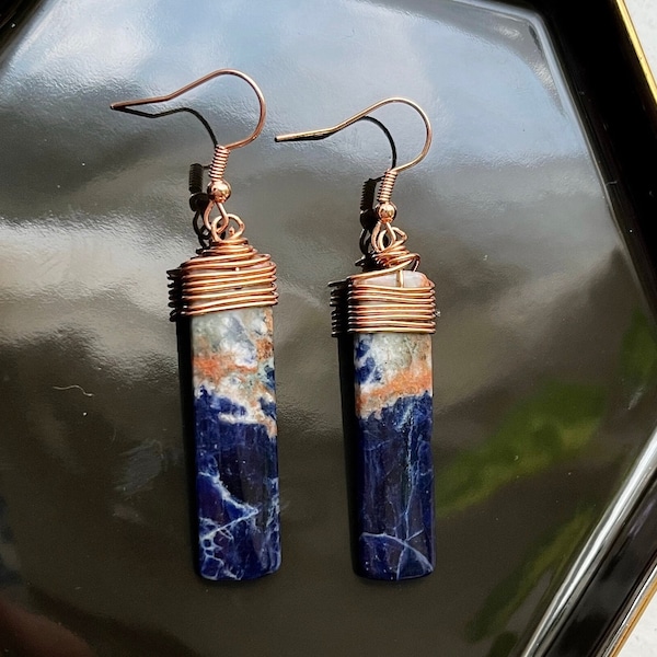 Wire Wrapped Briolette | Orange and Blue Sodalite | Stone | Natural Earrings