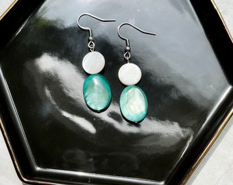 Dark Teal | Ivory | White | Green | Mother of Pearl | Shell | Earrings | Holiday Gift | Natural Earrings