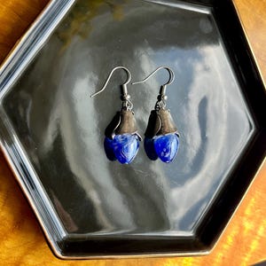 Blown Glass Dangle Earrings | Bronze or Pewter Petal Caps, Boho Jewelry