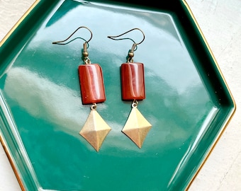 Carnelian and Vintage Diamond-Shaped Brass Stamping Bead Earrings