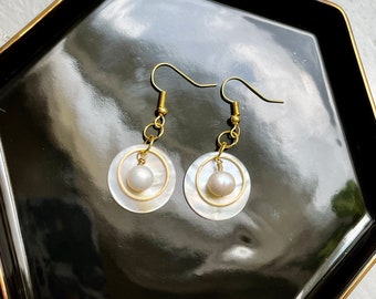 Mother of Pearl Shell | Silver Hoop | Gold Hoop | Bronze Hoop | Gold Braid | Freshwater Pearl | Earrings | Summer Jewelry | Bridal Earrings