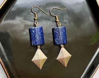 Lapis Lazuli | Dark Blue | Vintage | Brass Stamping | Kite | Earrings | September Stone | Holiday Gift | Birthday Gift | Virgo | Libra