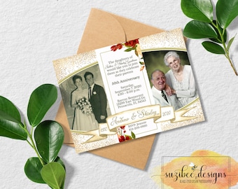 50th Anniversary Invitation, Golden Wedding Anniversary, Now & Then Photo, Elegant Design - Digital Printable