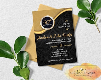 50th Anniversary Invitation, Golden Wedding Anniversary Elegant Design - Digital Printable