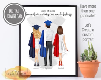 Custom Graduation Portrait, Class of 2025, Multiple Family Grads, Personalized Keepsake, Print at Home, Middle, High School and College