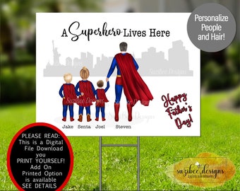 Superhero Yard Sign Template, Superhero Family or Dad with Children, Lawn Sign Personalized Digital Download