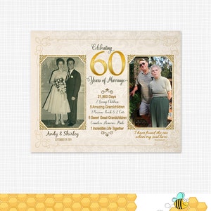 60th Anniversary Gift for Parents, Wedding Anniversary Keepsake Anniversary Party Personalized Gift With Now & Then Photos Printable image 2