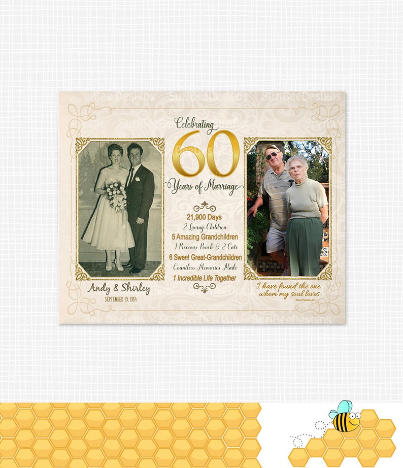 60th Anniversary Gift for Parents, Wedding Anniversary Keepsake Anniversary Party Personalized Gift With Now & Then Photos Printable image 2