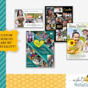 May include: Four different collage designs featuring photos of young people. The designs are in a variety of colors and styles, including green, black, and yellow. The text "CUSTOM DESIGNS ARE MY SPECIALITY!" is written in a yellow banner at the top of the image. The text "suzibee designs by Black Eyed Susan PHOTOGRAPHY" is written at the bottom of the image.