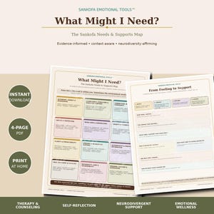 May include: A four-page PDF document titled What Might I Need? The Sankofa Needs & Supports Map. The pages feature a grid of colored boxes with text categories like Autonomy, Agency & Boundaries, and a second page titled From Feeling to Support.