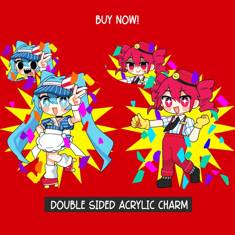 May include: Double-sided acrylic charm featuring two anime-style characters. The first character is a blue-haired girl with a red and white striped hat, wearing a blue and white striped dress and holding a peace sign. The second character is a red-haired girl with a red and white striped hat, wearing a red and white striped dress and holding a peace sign. The background is red with yellow stars and confetti.