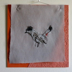 Birds, Gesture Drawings, Fabric/Thread bird sketch, collage, embroidered, this one is a Catbird