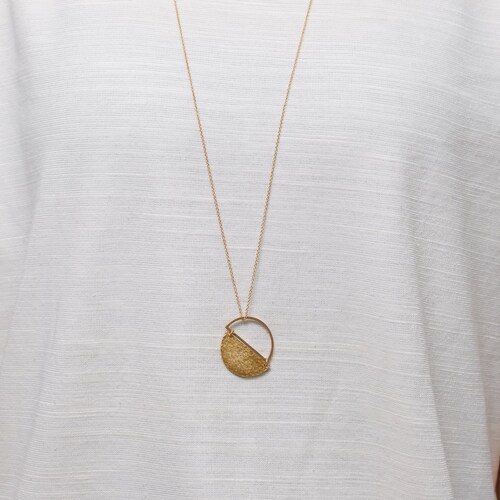 Gold Circle Necklace Long Gold Necklace Circle Pendant Long Etsy