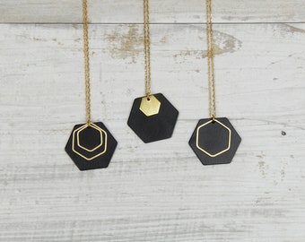 Geometrische Kette lang Messing Black & Gold Hexagon