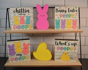 Easter Wood Peeps Sign | Wood Peeps Bunny & Chick | Easter Tiered Tray Decor | Mini Wood Block Sign | Spring Farmhouse Decor