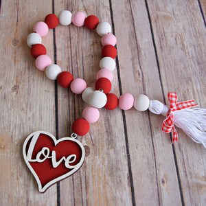Wooden Bead Garland, Valentine's Day Red, White, Pink, With Heart Tag,  Farmhouse Beads, Tiered Tray Garland, Rae Dunn Style 