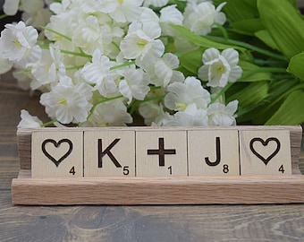 Personalized Valentine Scrabble Tile Sign with Couples Initials |  Custom Valentines Day Tiered Tray Decor |  Mini Scrabble Tiles with Tray