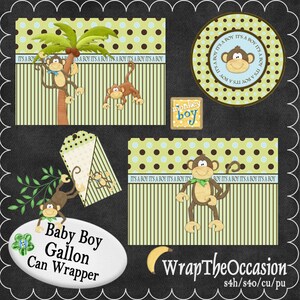 May include: Printable baby shower party decorations featuring a monkey theme. The set includes a round label, a tag, a banner, and a can wrapper. The colors are green, brown, blue, and white. The text on the banner reads "It's a Boy" and the text on the tag reads "Monkey Boy".