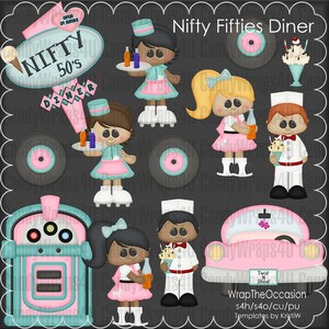 May include: A digital clipart set featuring illustrations of a 1950s diner theme. The set includes a pink and turquoise diner sign, a jukebox, a pink car, and several characters dressed in 1950s clothing. The text "Nifty Fifties Diner" is featured on the sign.