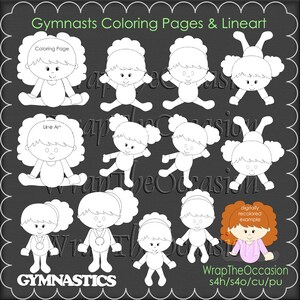 Puede incluir: Imágenes en blanco y negro de gimnastas en varias poses. Las imágenes están etiquetadas como "Coloring Page" y "Line Art". El texto "Gymnasts Coloring Pages & Lineart" está en la parte superior de la imagen. El texto "GYMNASTICS" está en la parte inferior de la imagen.