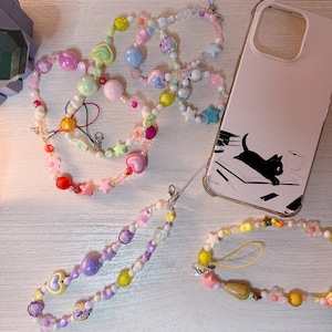 Beaded phone charm keychain, wristlet for phone case, heart, star & flower motif