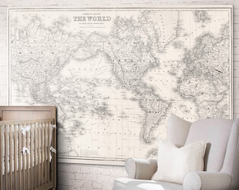 World Map Print : Nursery World Map print art poster - World Map Grand Canvas Wall Tapestry  Circa 1850s