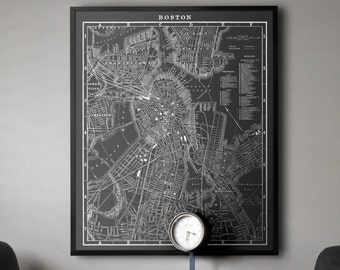 Boston Map Print : Black and white vintage map print poster 1844
