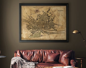 Florence map print : Vintage rustic Circa 1835 Florence map print poster - Italy Map - giclee print