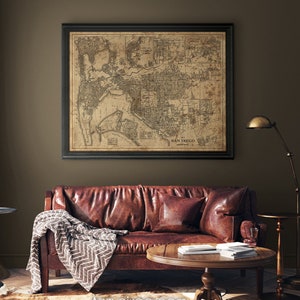 Impresión de mapas de San Diego: Cartel de impresión de mapas de San Diego rústico vintage manchado 1938 - impresión giclee