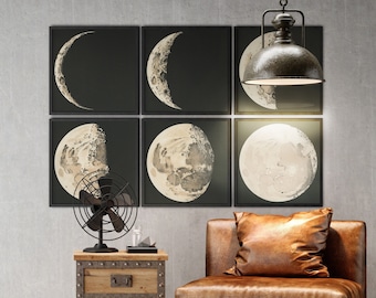 May include: A set of six black framed prints depicting different phases of the moon. The prints are arranged in two rows of three, with the full moon in the center. The prints are hanging on a gray wall above a brown leather armchair with a pillow. A small wooden side table with two drawers sits in front of the chair, with a black metal fan on top.