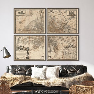 Wydruk mapy Paryża: 4-panelowy plakat z wydrukiem mapy Paryża w stylu vintage - 1672 Plan de Paris, czteropanelowa mapa - wydruk giclée