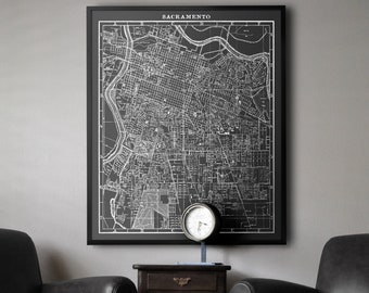 Sacramento Map: Black and white vintage Sacramento map print 1950s - California Map - Giclee Print
