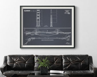 May include: Framed blueprint of the Golden Gate Bridge, featuring detailed architectural drawings and the word "ELEVATION" at the top. The print is in a black frame, displayed above a dark leather sofa and black coffee table.