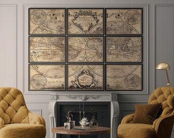 Carte du monde imprimée : L'Isle's 1720 Guillaume de L'Isle ' mappe monde ' carte du monde à 9 panneaux - carte du monde vintage - Gallery Wall World Map