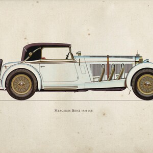 K&ouml;nnte beinhalten: Ein wei&szlig;er Mercedes-Benz 1928 (SS) Oldtimer mit schwarzem Dach und goldenen R&auml;dern. Das Auto ist in Seitenansicht dargestellt.