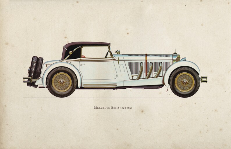 K&ouml;nnte beinhalten: Ein wei&szlig;er Mercedes-Benz 1928 (SS) Oldtimer mit schwarzem Dach und goldenen R&auml;dern. Das Auto ist in Seitenansicht dargestellt.