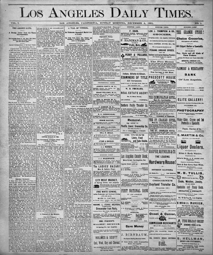 Los Angeles Times Newspaper First Issue Vintage Los Angeles Etsy