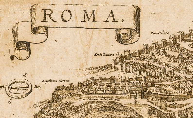 May include: An antique map of Rome, Italy, with the title "ROMA." in a banner at the top. The map shows the city walls, the Porta Salaria, the Porta Pinciana, and the Sepulcrum Neronis.