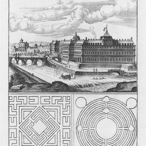 May include: A black and white engraving of a building with a bridge in front of it. The building has a long facade with many windows. The bridge has arches and is crossed by people and horses. The engraving is labeled "Print #5". Below the engraving are two black and white illustrations of mazes.