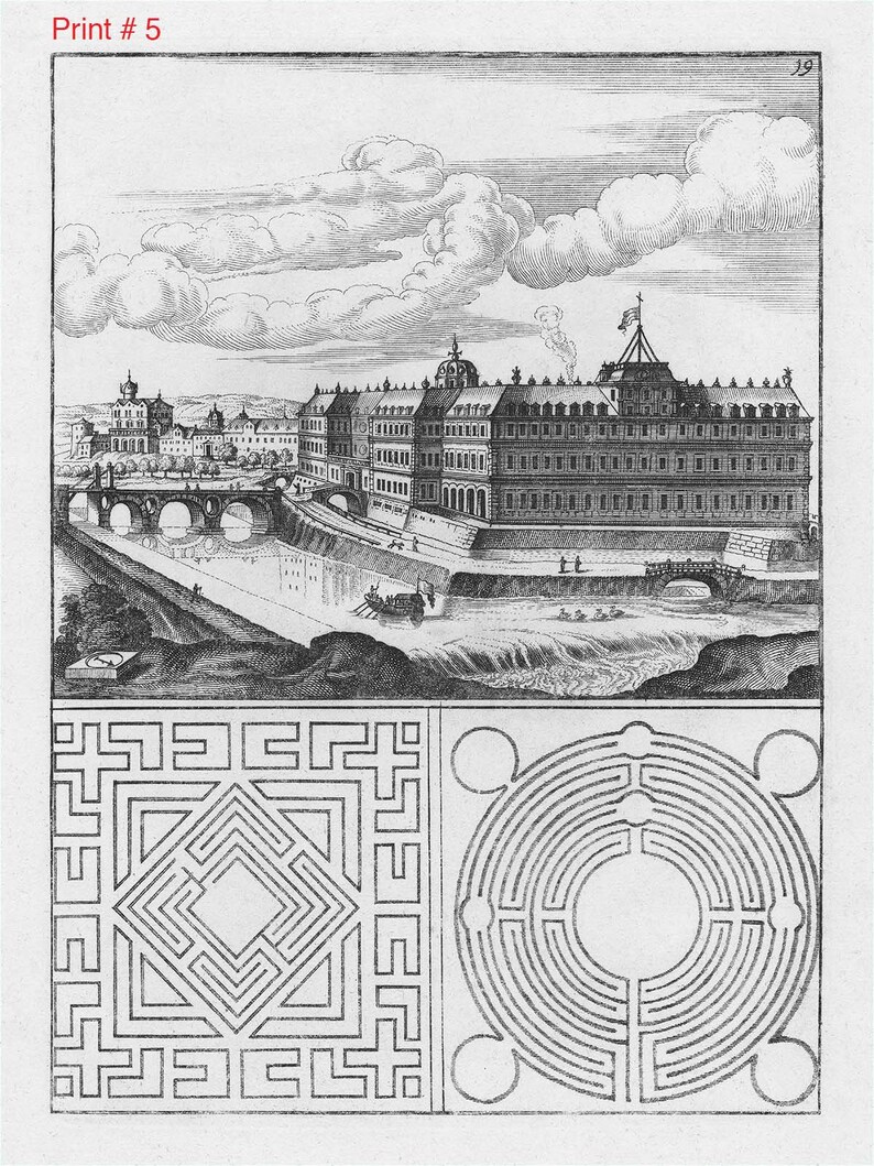 May include: A black and white engraving of a building with a bridge in front of it. The building has a long facade with many windows. The bridge has arches and is crossed by people and horses. The engraving is labeled "Print #5". Below the engraving are two black and white illustrations of mazes.