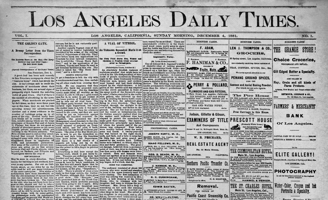 Los Angeles Times Newspaper First Issue Vintage Los Angeles Etsy