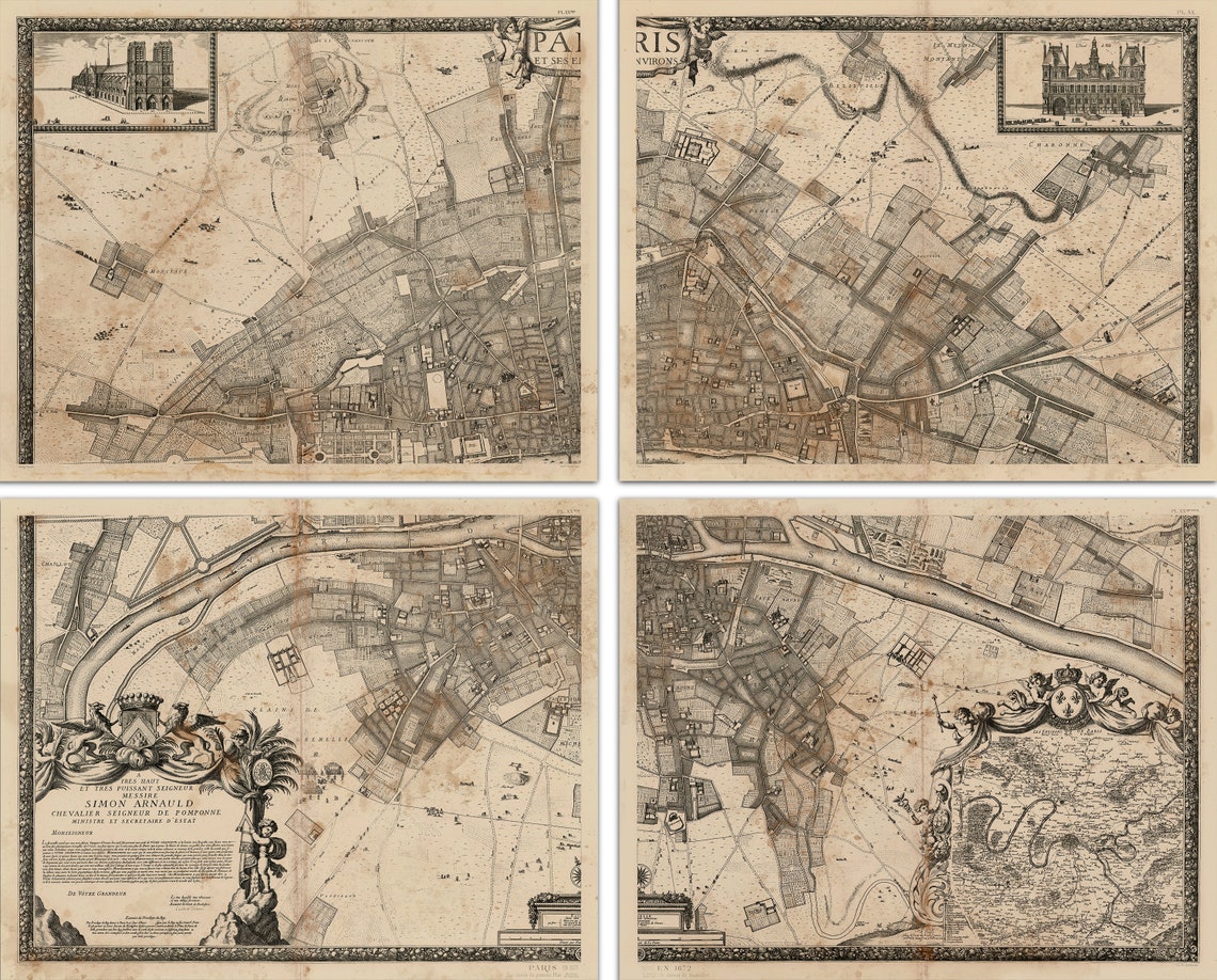 Paris Map Print : 4 Panel Vintage Paris Map Print Poster - Etsy