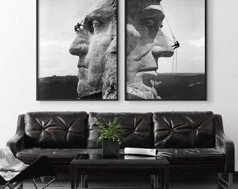 George Washington Art : Americana Art - Mount Rushmore Print - Gutzon Borglum- Mount Rushmore Repair 1932 - Presidential Art