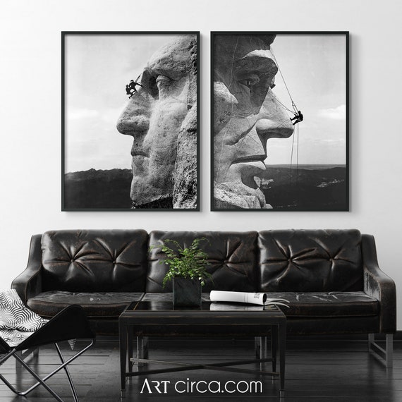 George Washington Art : Americana Art - Mount Rushmore Print - Gutzon Borglum- Mount Rushmore Repair 1932 - Presidential Art
