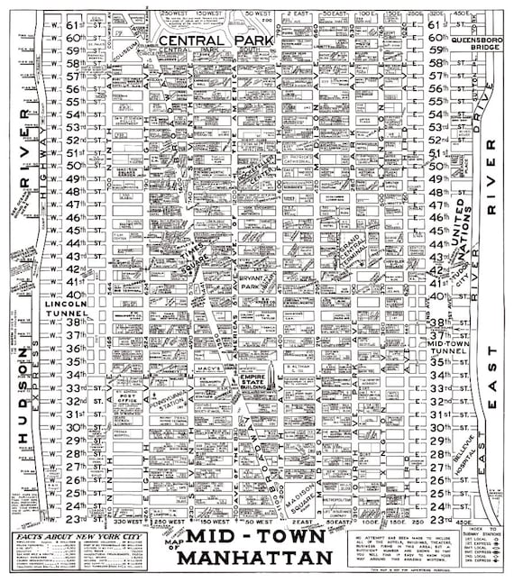 New York Map Print 1955 Midtown Manhattan Map Print Etsy